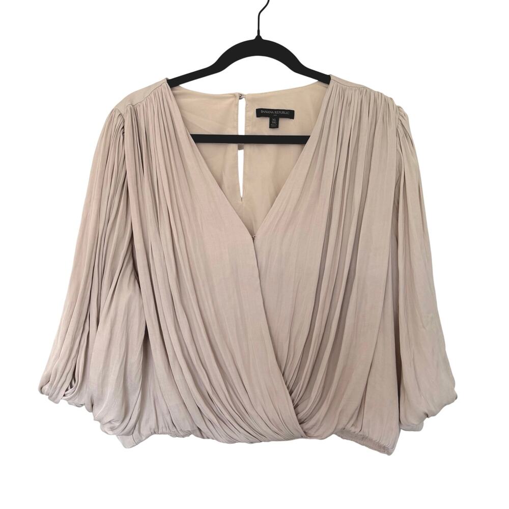 Banana Republic (XL) Neutral Pleated Draped Wrap Blouse Bubble Hem Avant Garde